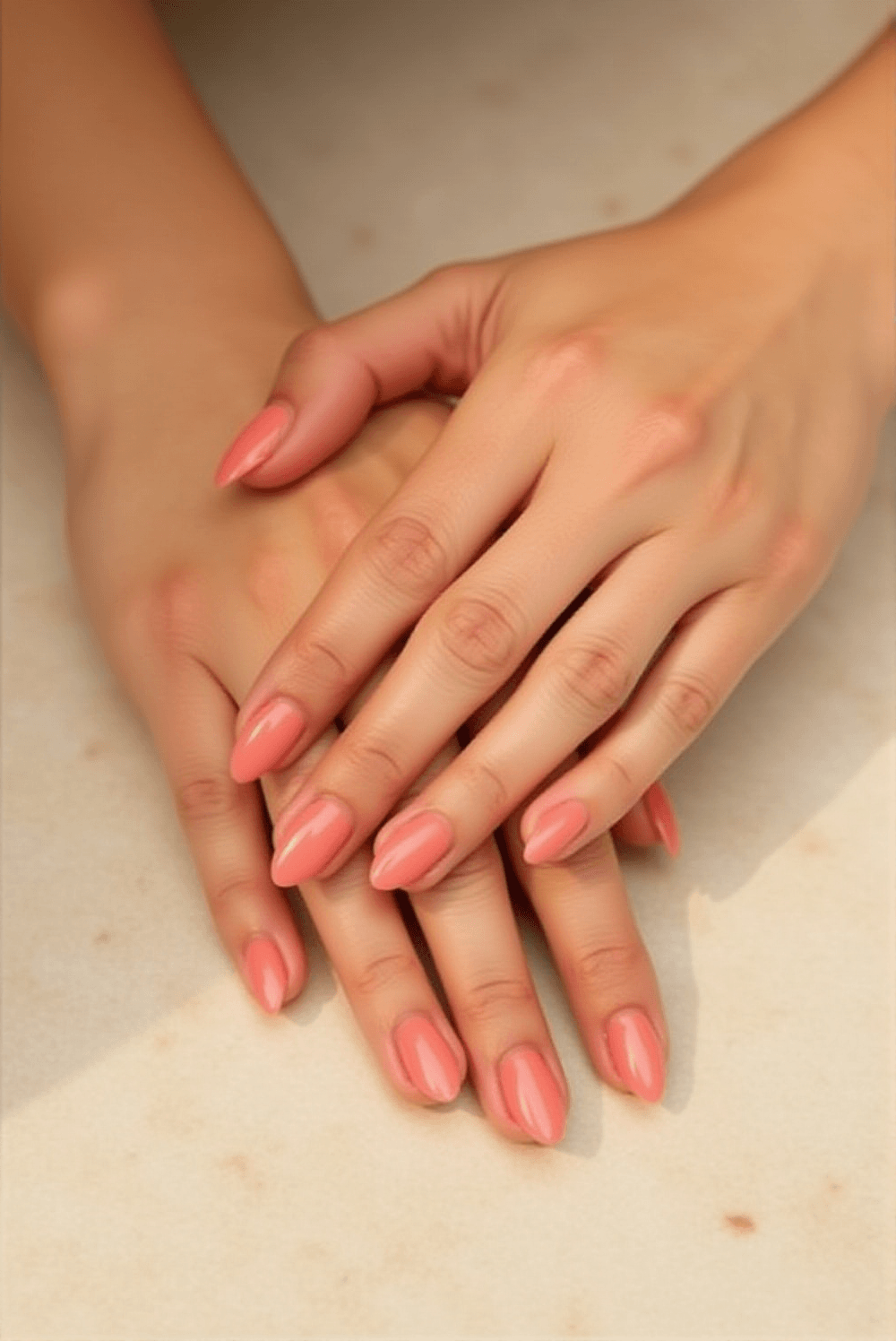 Almond Dip Nails in Soft Coral Almond Dip Nails in Soft Coral