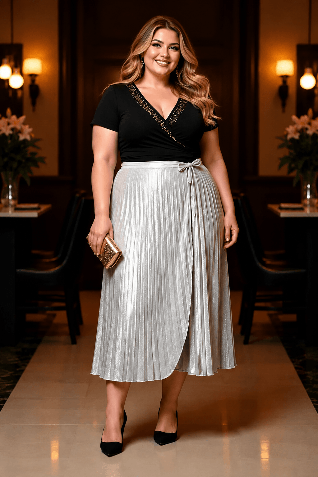 Beaded Wrap Top & Pleated Skirt