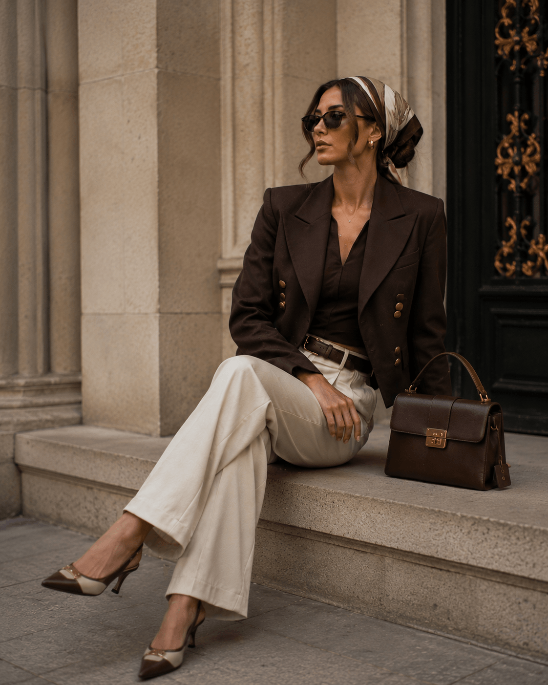 Brown Blazer with Cream Wide Leg Trousers