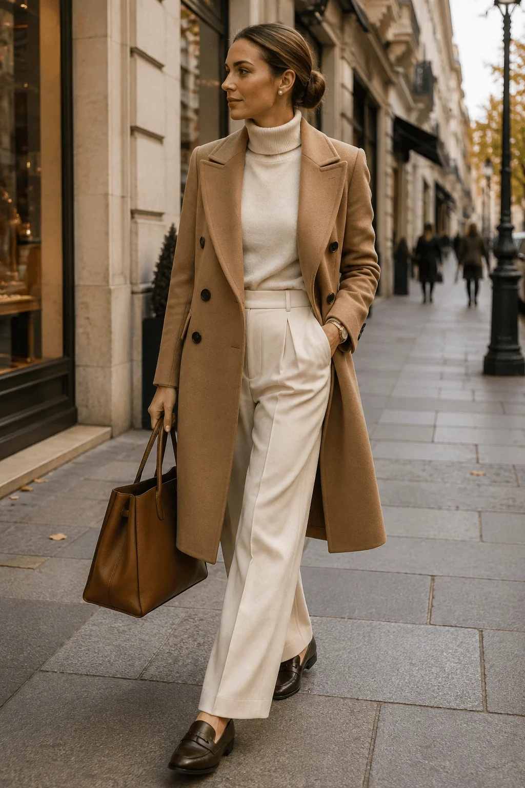 Camel Wool Coat with Cream Wide Leg Trousers