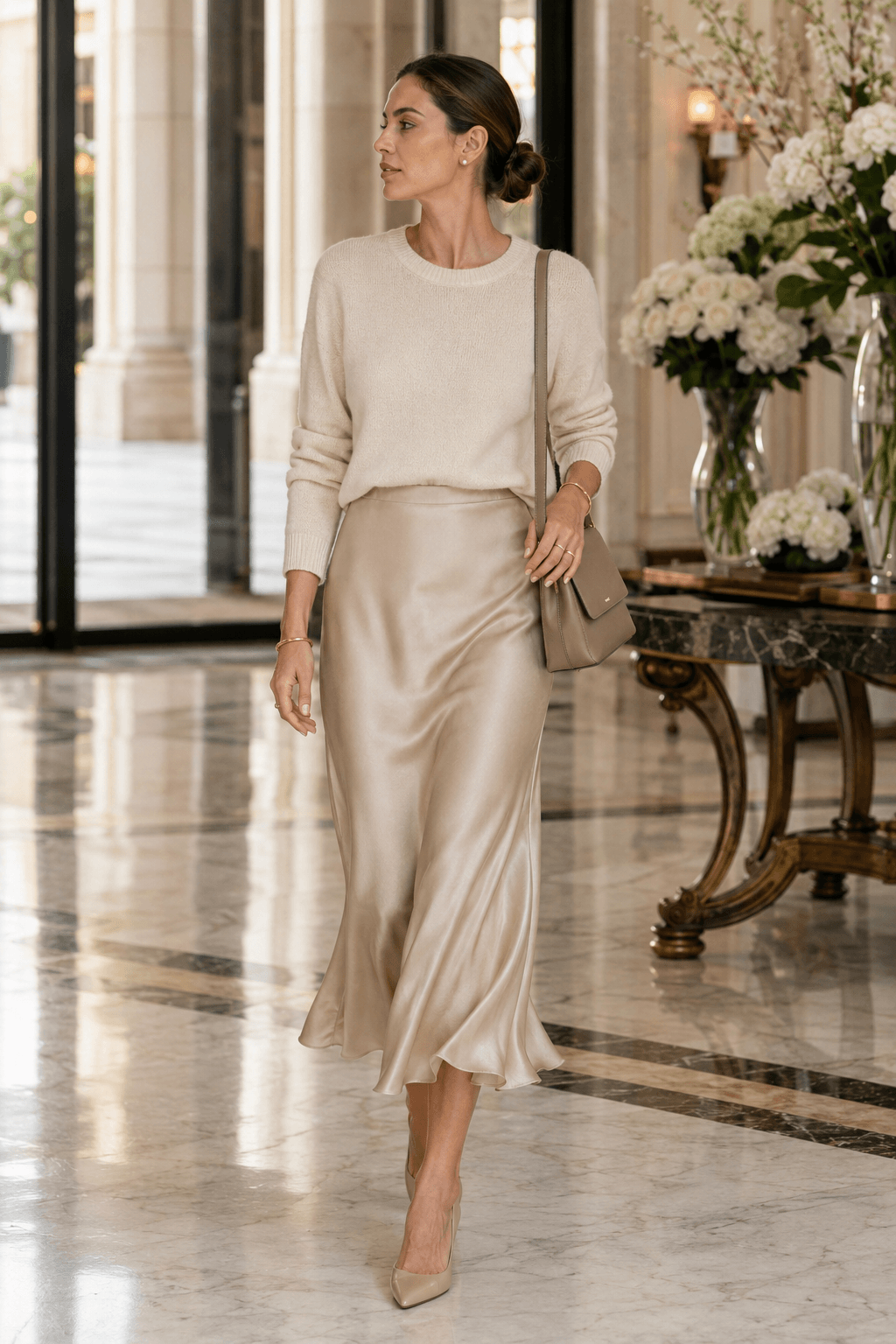 Cashmere Sweater with a Satin Slip Skirt
