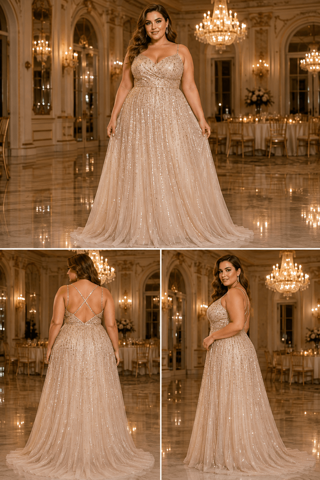 Champagne Sequin A-Line Gown for a Black-Tie Wedding