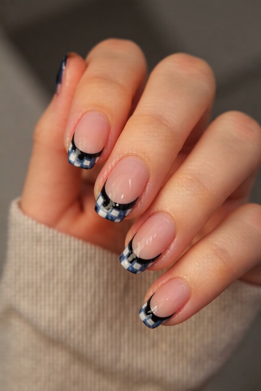Checkerboard French Tip Nails in Black and White Checkerboard French Tip Nails in Black and White