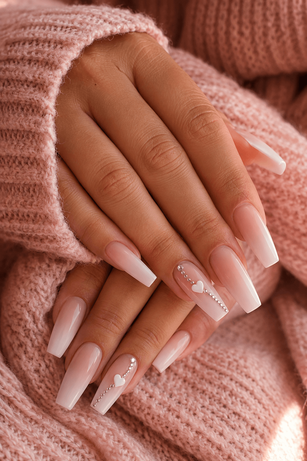 Coffin Shape Nails with Heart Charms and a Milky Ombre