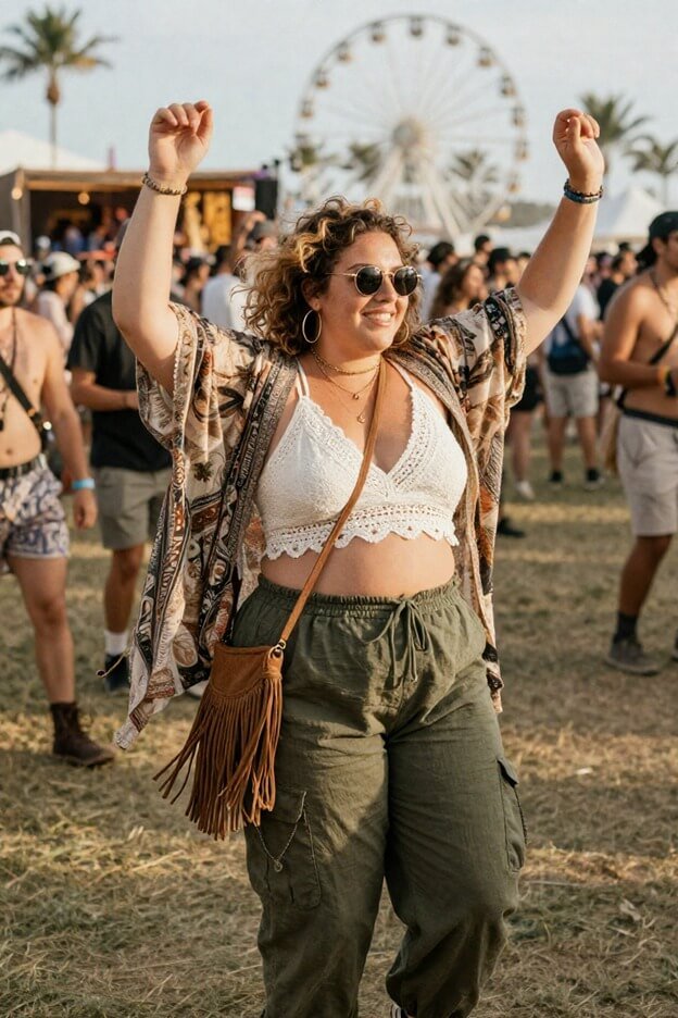 Crochet Bralette with Olive Cargo Pants and a Printed Kimono