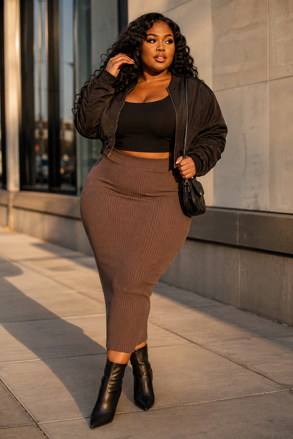 Cropped Bomber With a Ribbed Midi Skirt