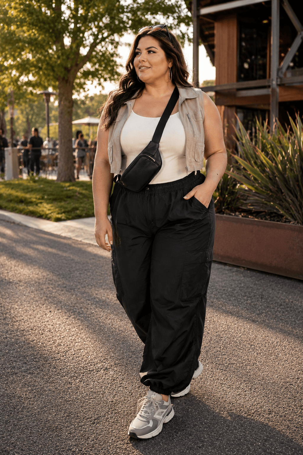 Cropped Utility Vest with a Fitted Tank Top and Parachute Pants
