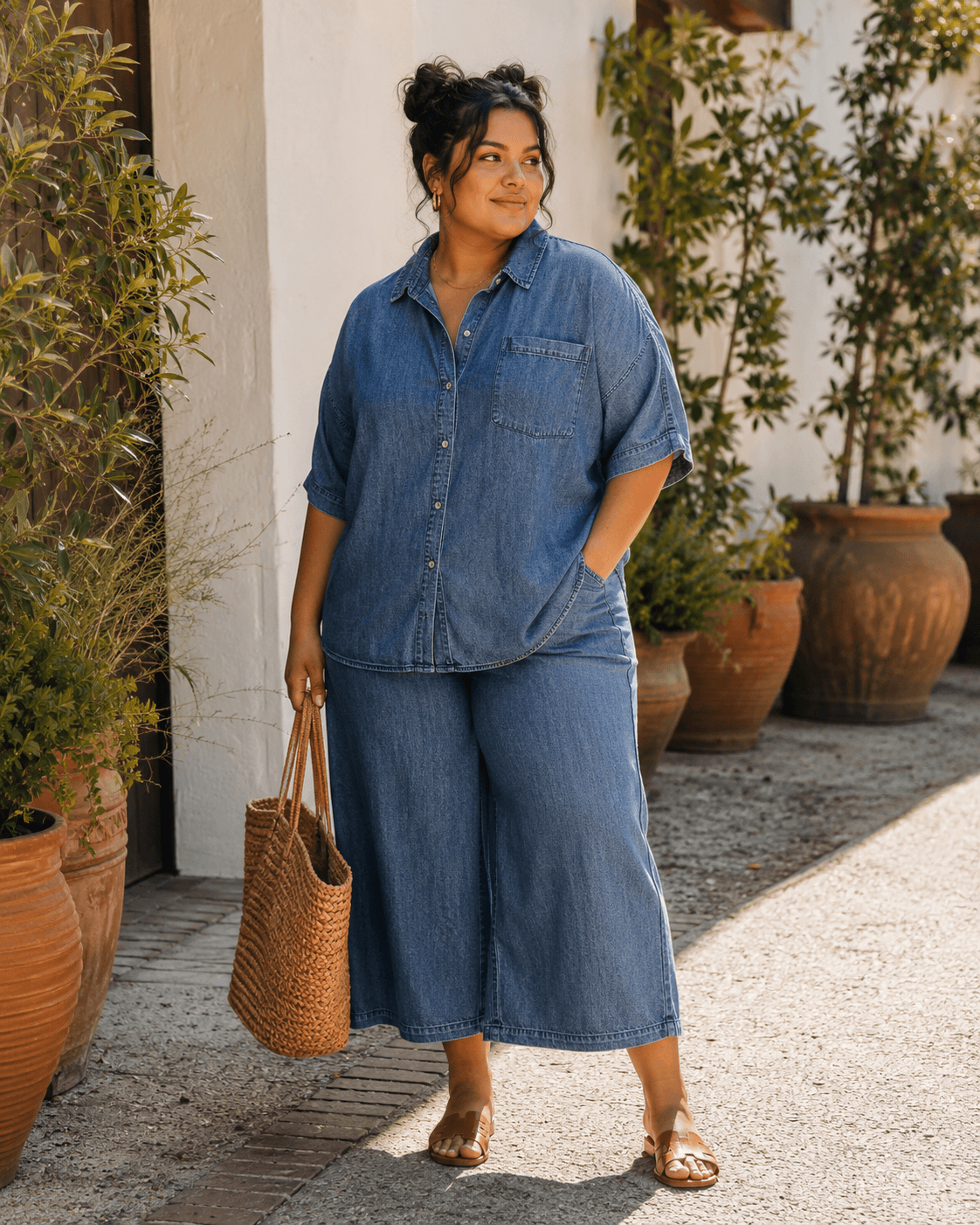 Denim Button Top with Wide Cropped Pants
