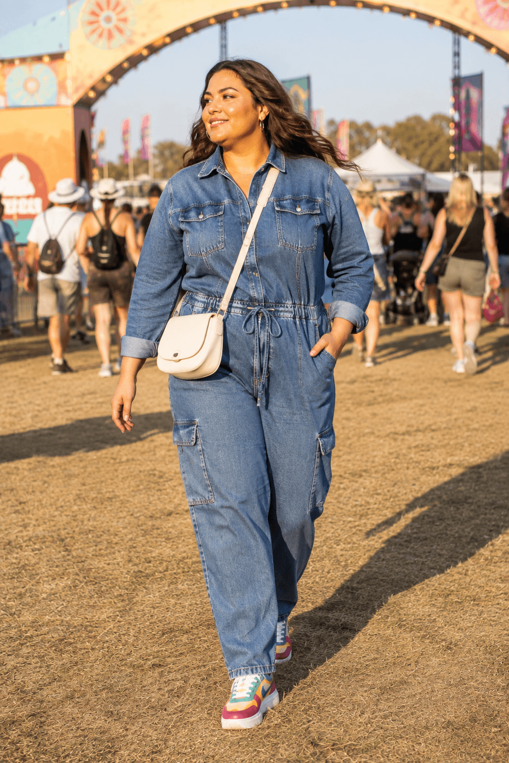 Denim Jumpsuit with Statement Sneakers