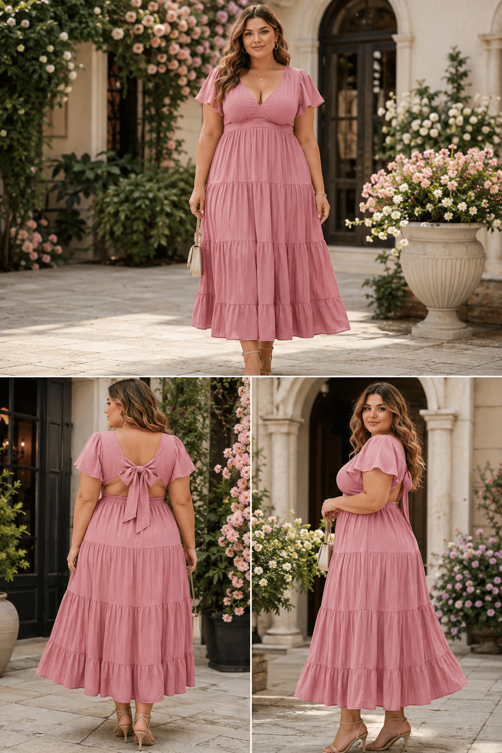 Dusty Pink Tiered Midi Dress for a Spring Garden Wedding