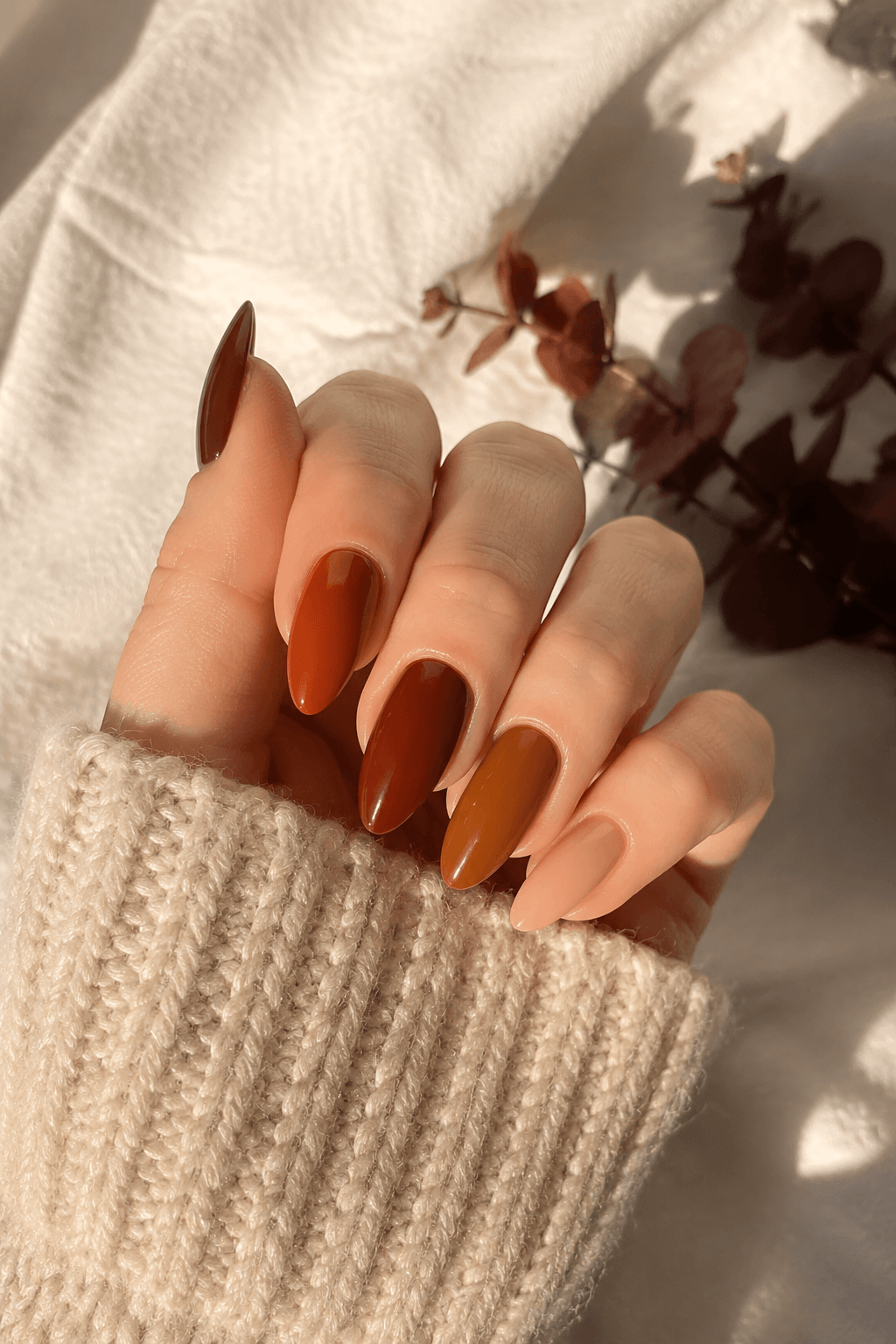 Fall Almond Nails in Warm Amber Tones Fall Almond Nails in Warm Amber Tones