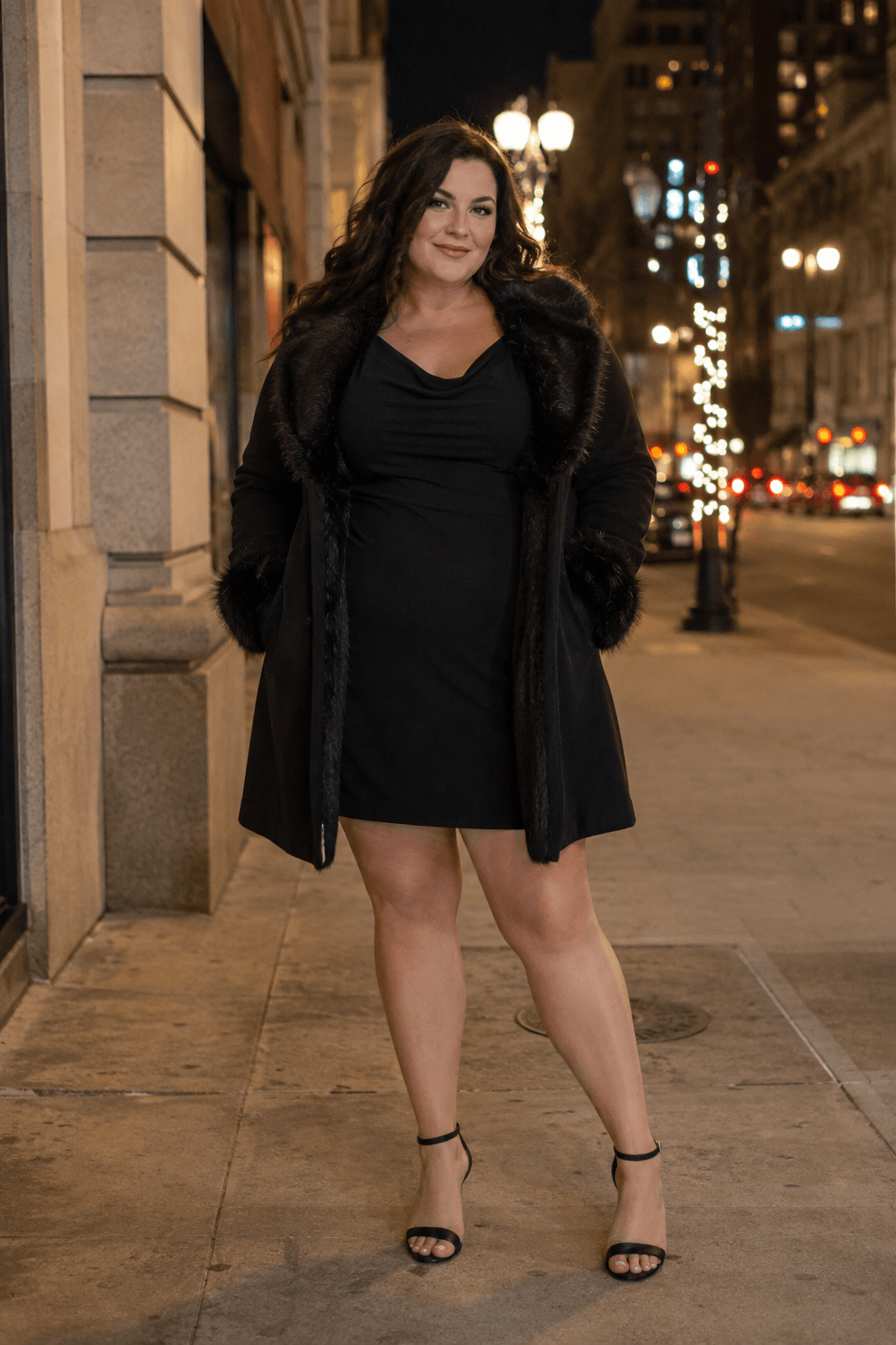 Faux Fur Trim Coat Over a Simple Dress