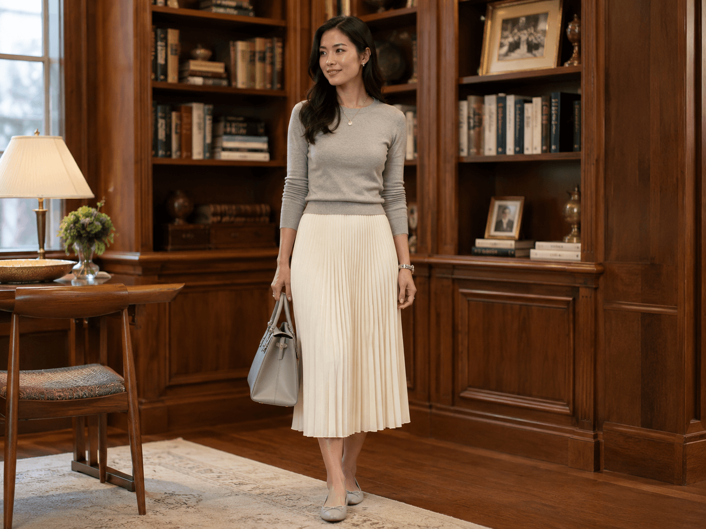 Fine Knit Sweater with a Pleated Midi Skirt