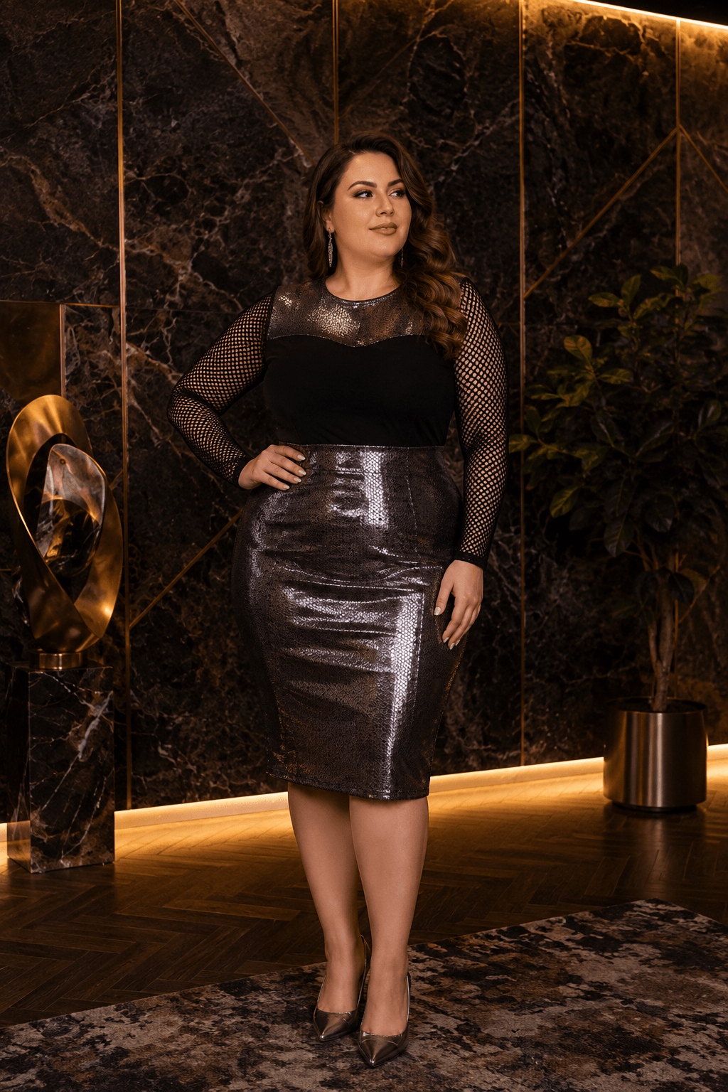 Fishnet Sleeves & Metallic Skirt