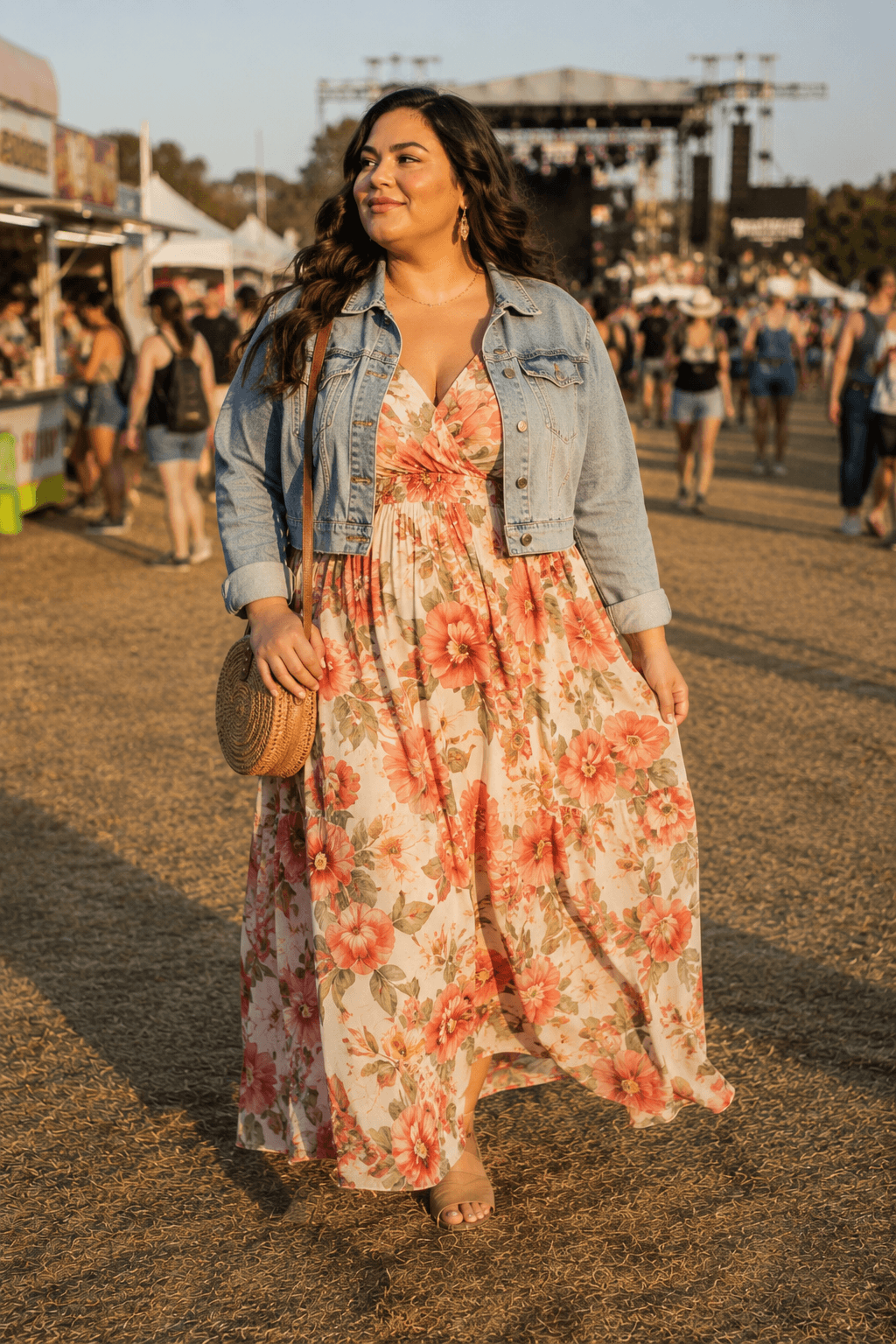 Floral Maxi Dress with a Cropped Denim Jacket