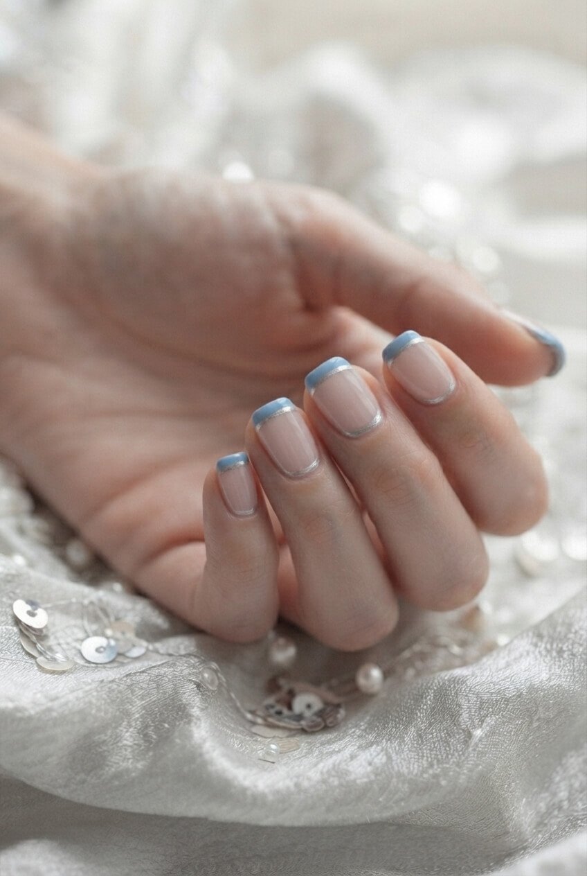 French Tip Nails with a Double Line in Blue and Silver French Tip Nails with a Double Line in Blue and Silver