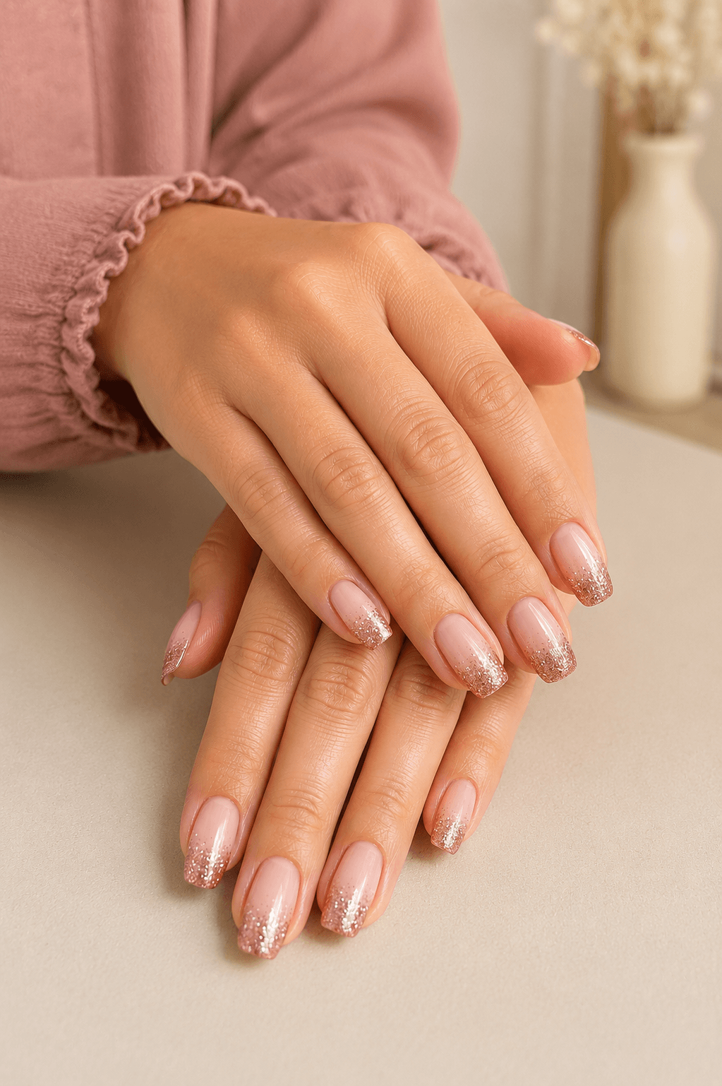 Glitter Ombre French Tip Nails in Rose Gold Glitter Ombre French Tip Nails in Rose Gold