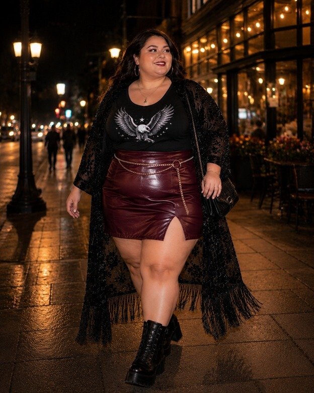 Graphic Tee with a Burgundy Faux-Leather Mini Skirt