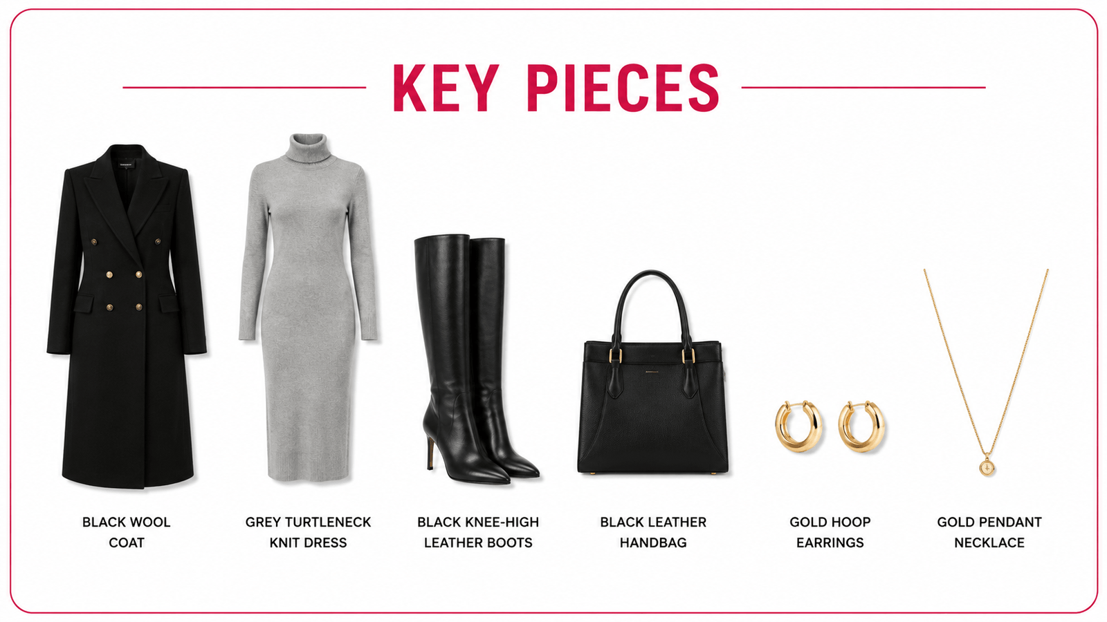 Grey Turtleneck Dress Under a Long Black Coat key pieces