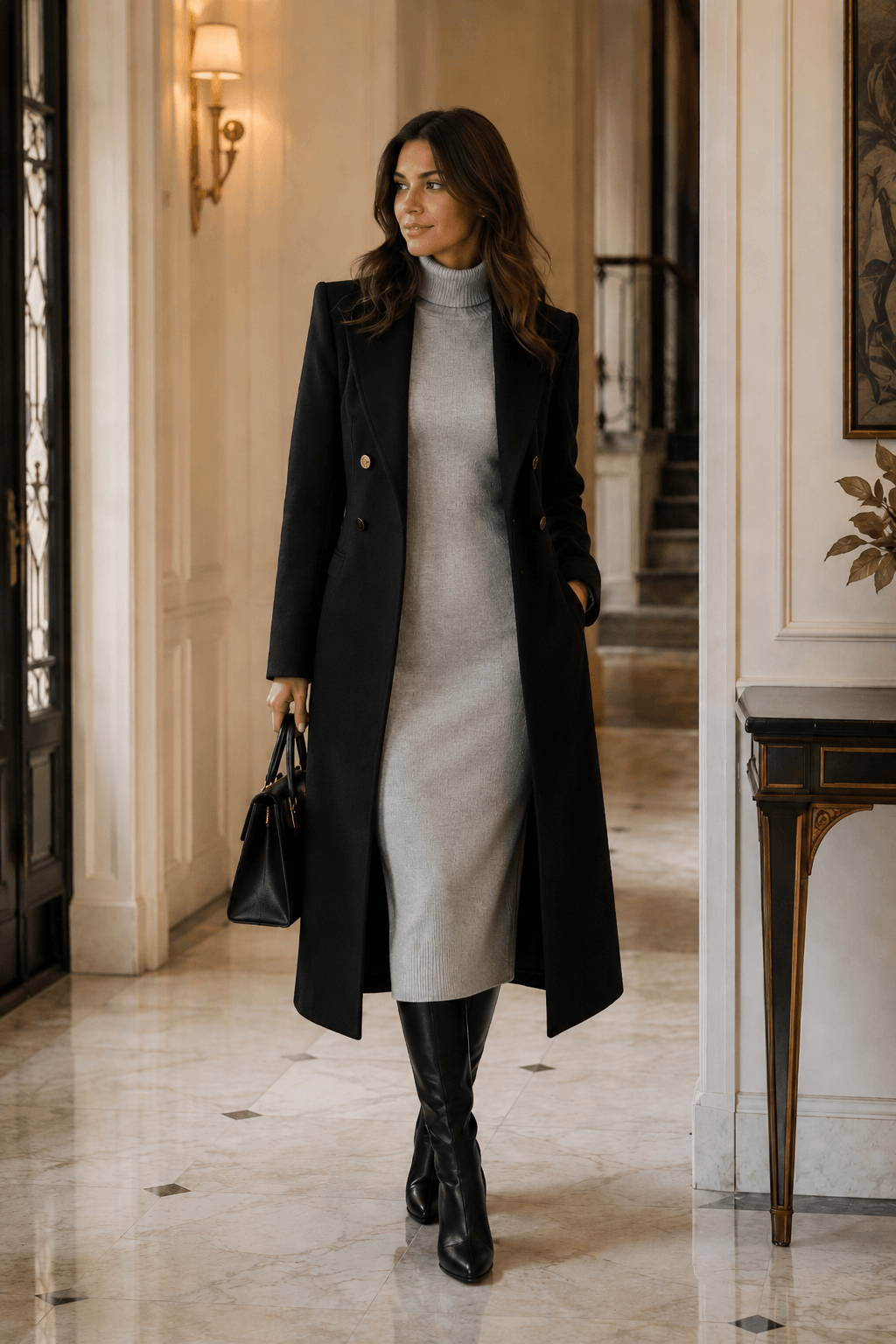 Grey Turtleneck Dress Under a Long Black Coat