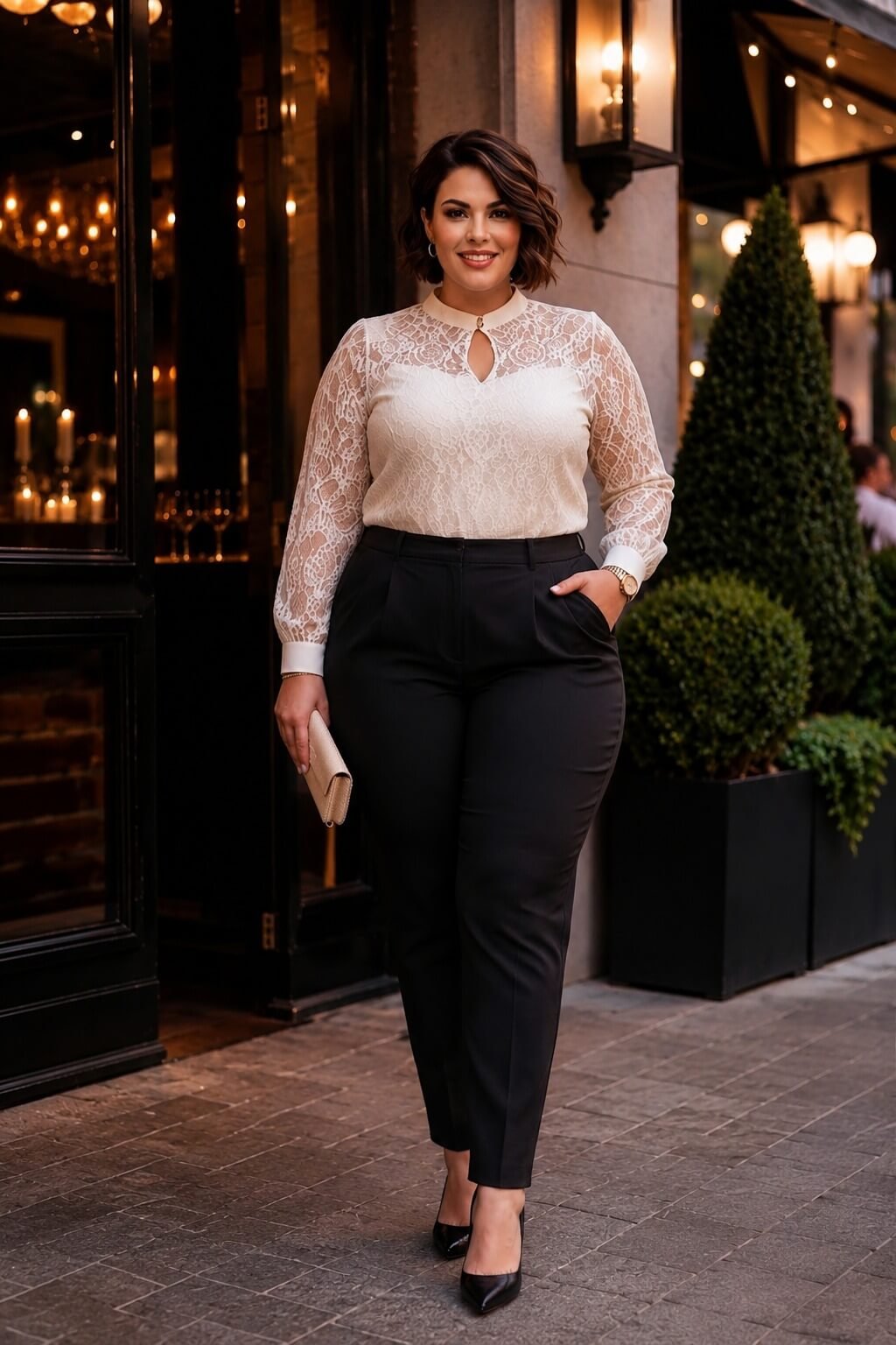 Ivory Lace Blouse with Pleated Black Trousers
