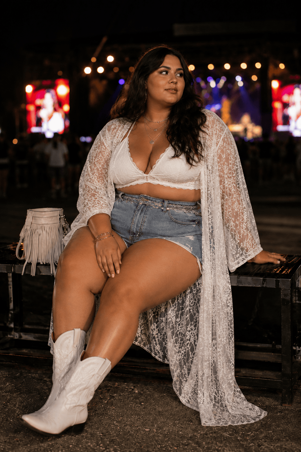  Lace Bralette with Denim Shorts and a Sheer Kimono