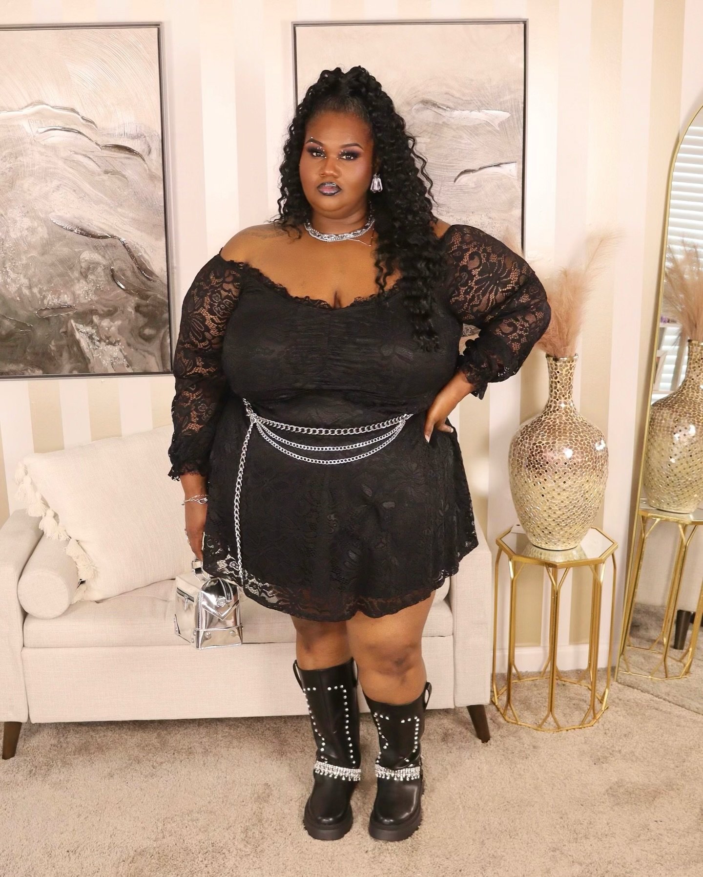 Lace Off-Shoulder Mini Dress With Statement Boots