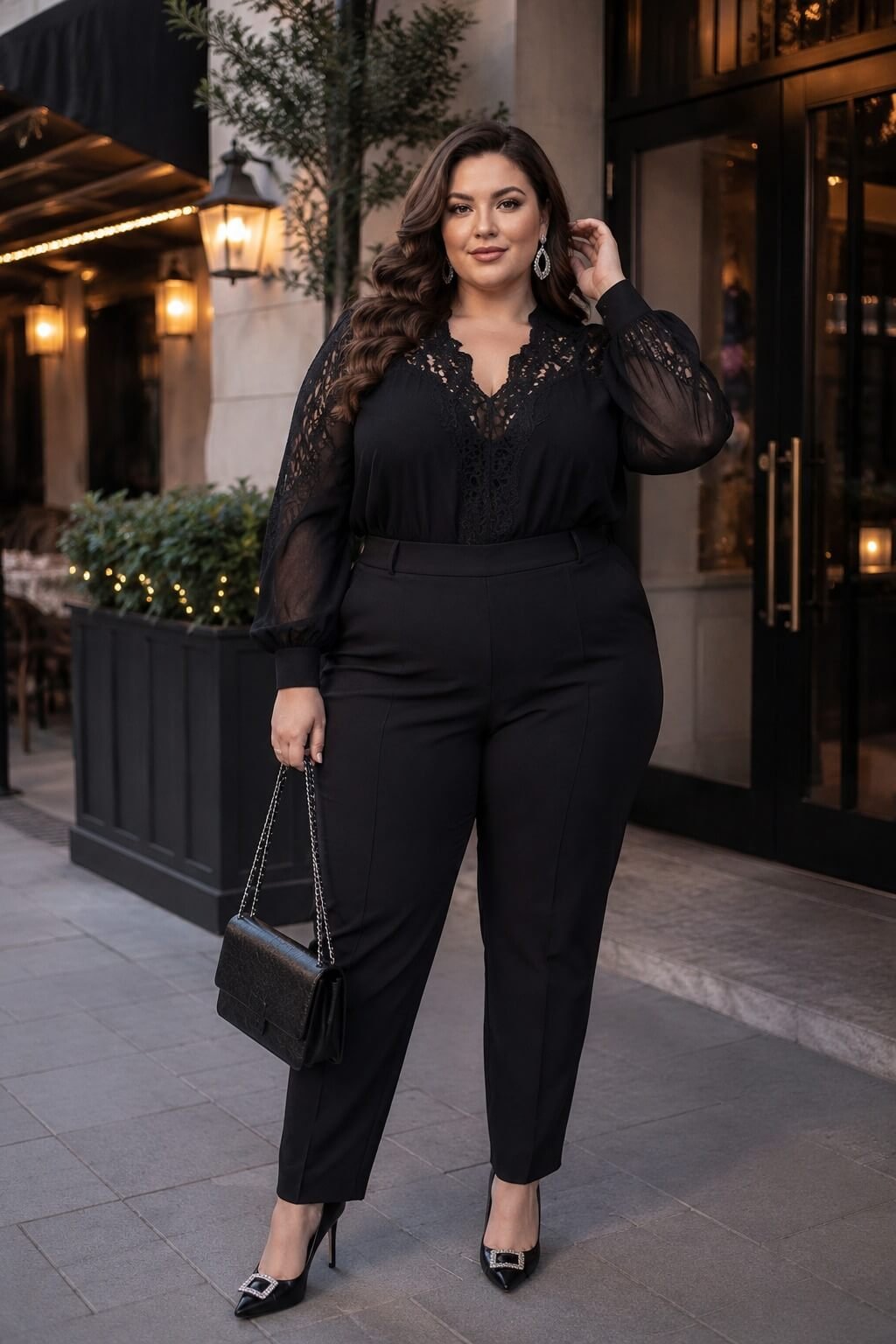 Lace Top and Tapered Trousers, All in Black