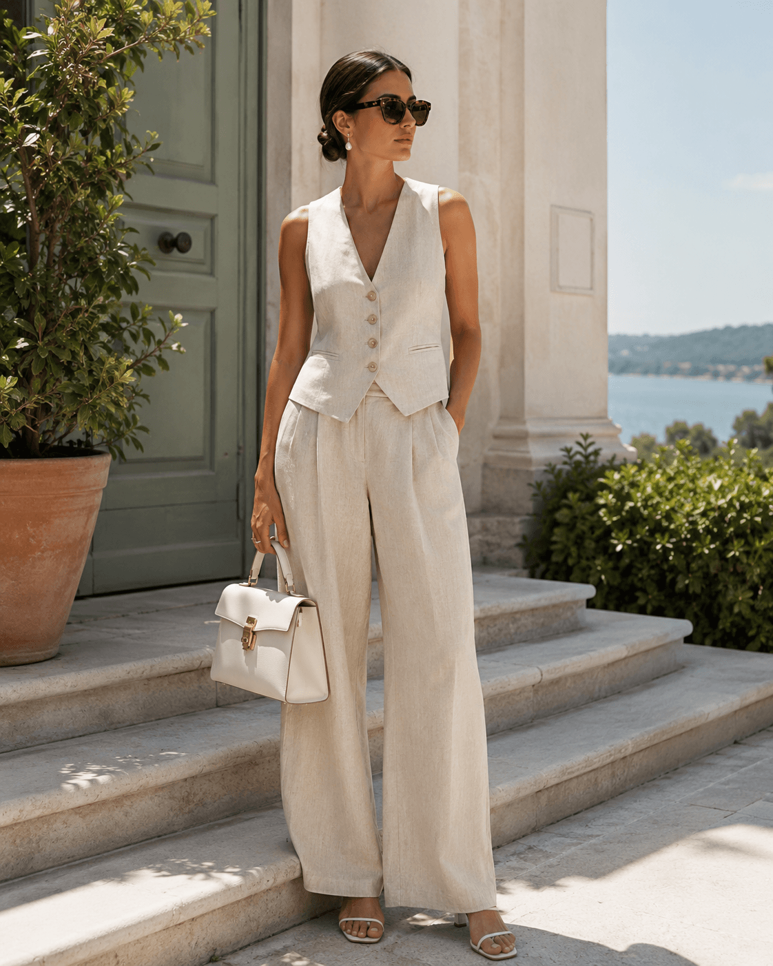 Linen Waistcoat With Matching Wide Leg Trousers