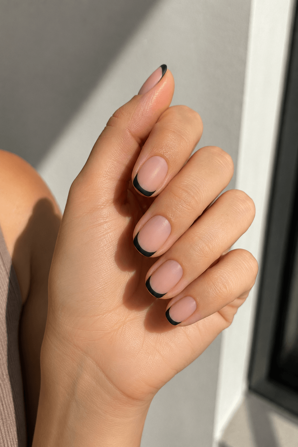 Matte Black French Tip Nails on a Round Shape Matte Black French Tip Nails on a Round Shape