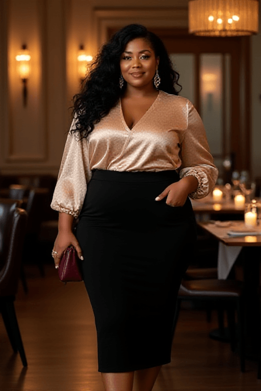 Metallic Satin Blouse & Pencil Skirt