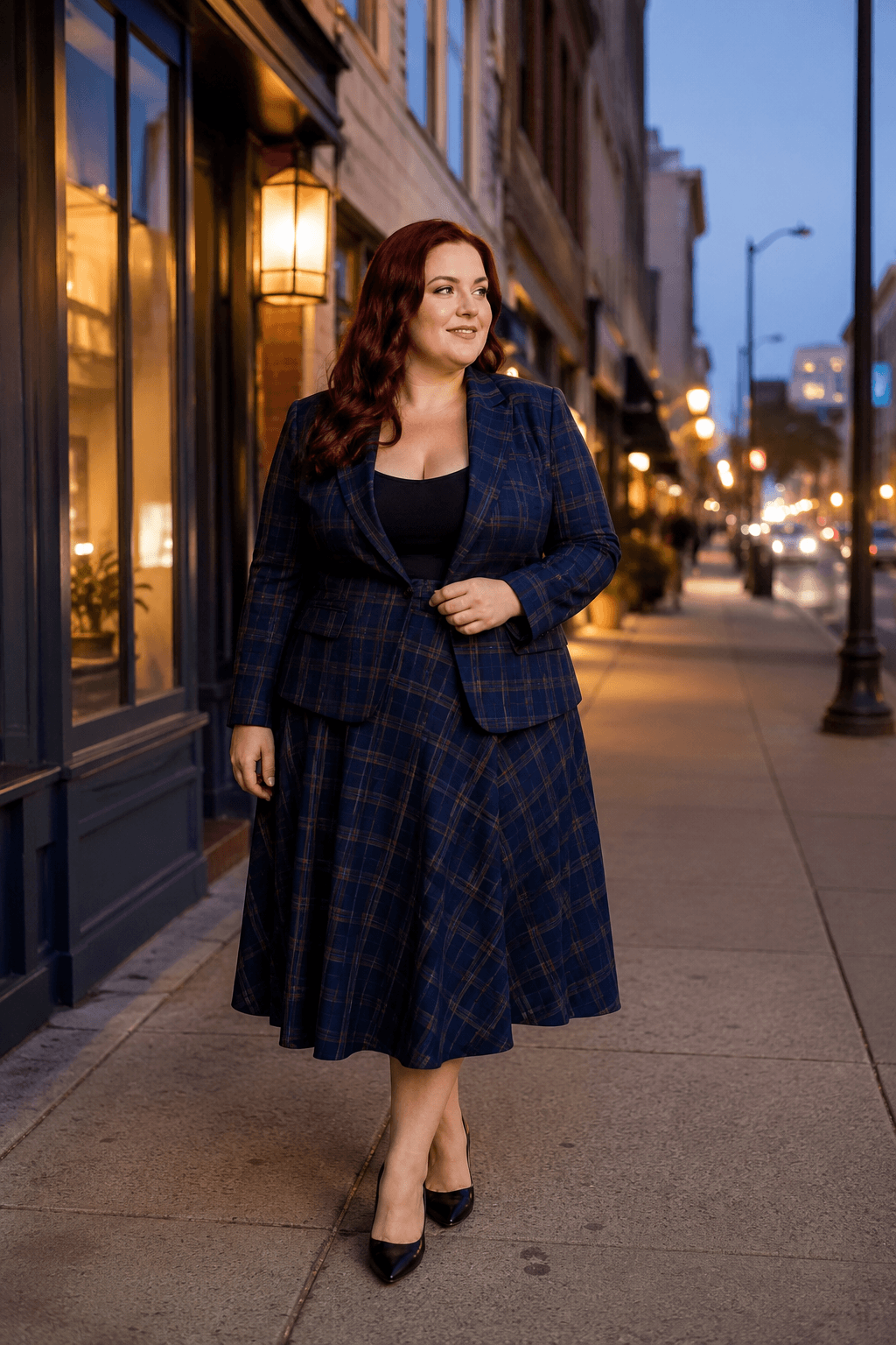 Navy Plaid Blazer with a Full Midi Skirt