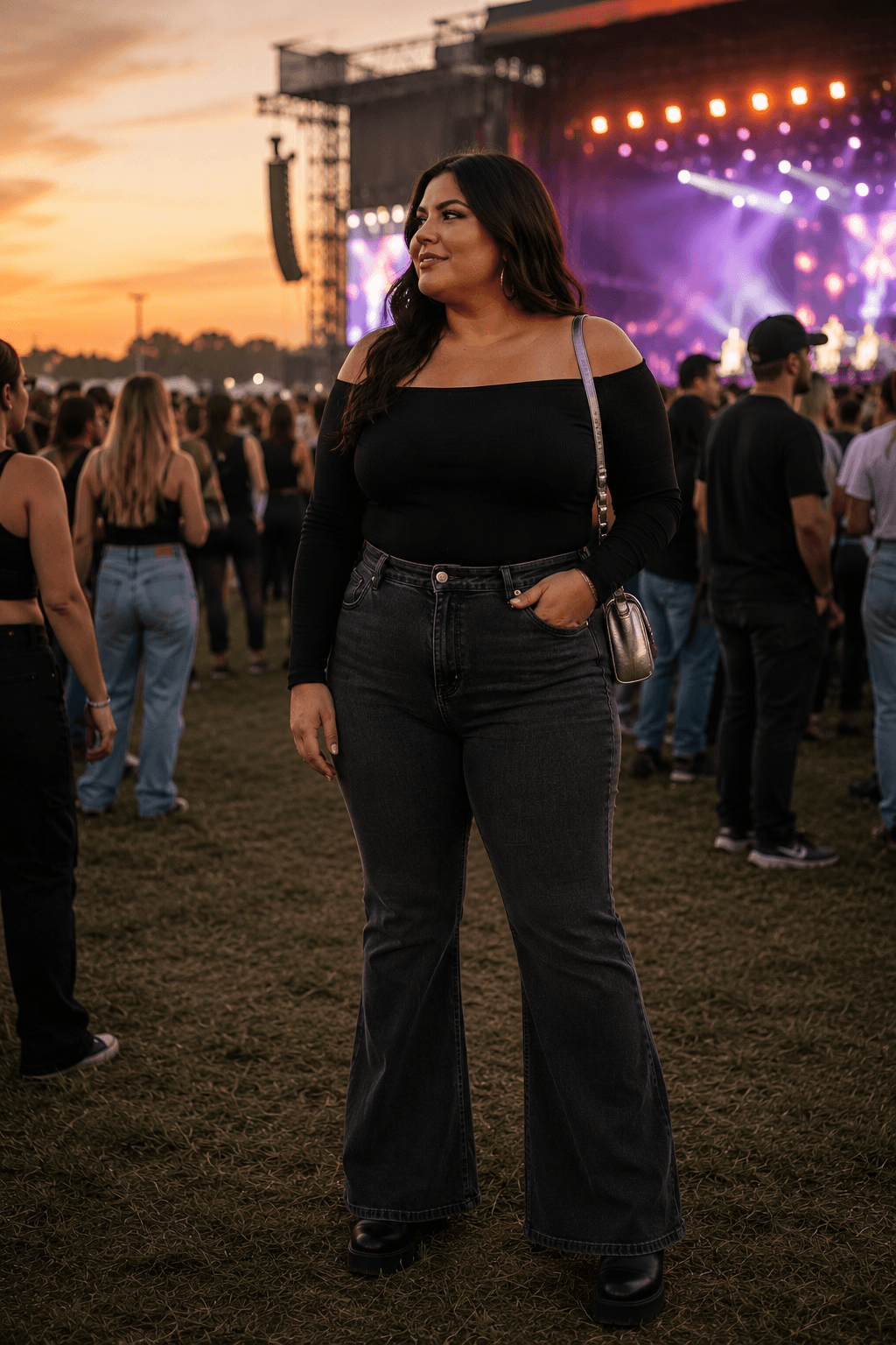 Off-Shoulder Top with Flare Jeans and Platform Boots
