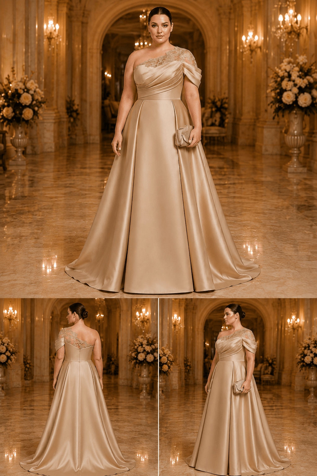 One-Shoulder Champagne Satin Gown for a Black-Tie Wedding
