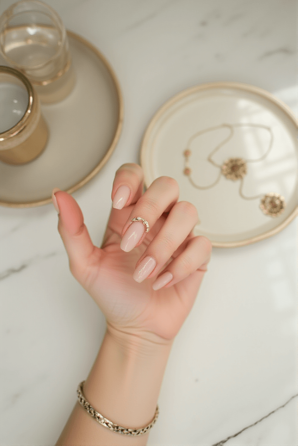 Oval Shape Nails with a Thin Gold Foil Stripe