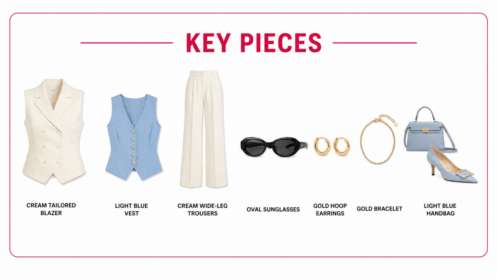 Powder Blue Vest with Ivory Trousers key pieces