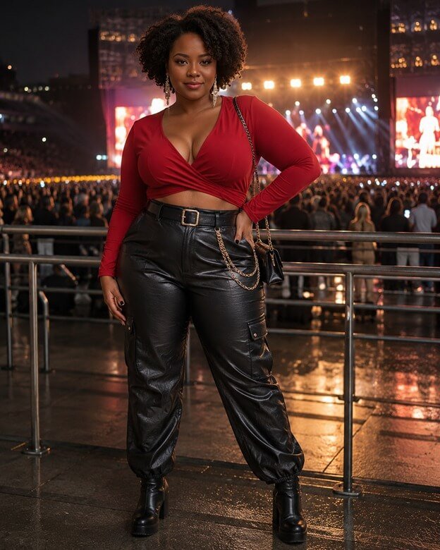 Red Wrap Top with Black Leather Cargo Pants