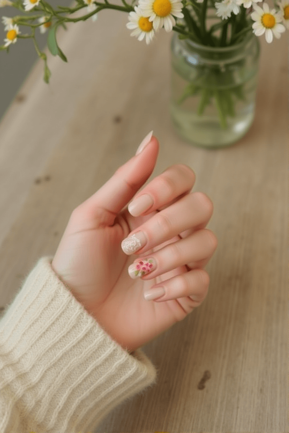 Round Shape Nails with Fine Floral Line Art