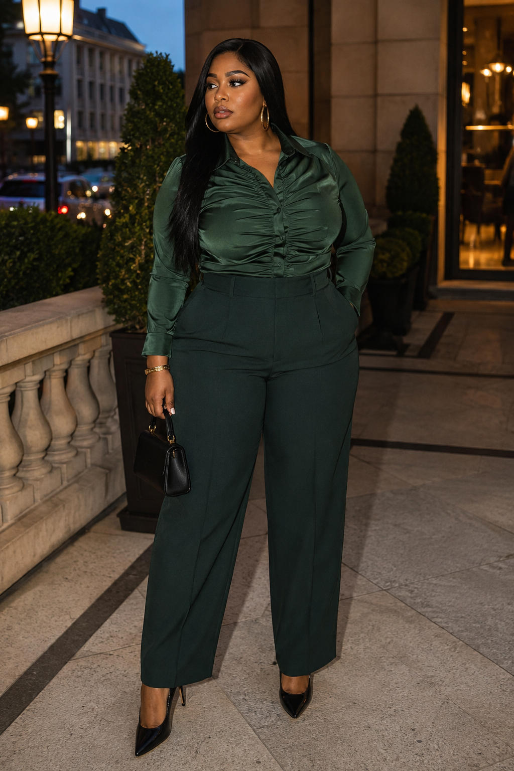 Ruched Blouse With Straight-Leg Trousers
