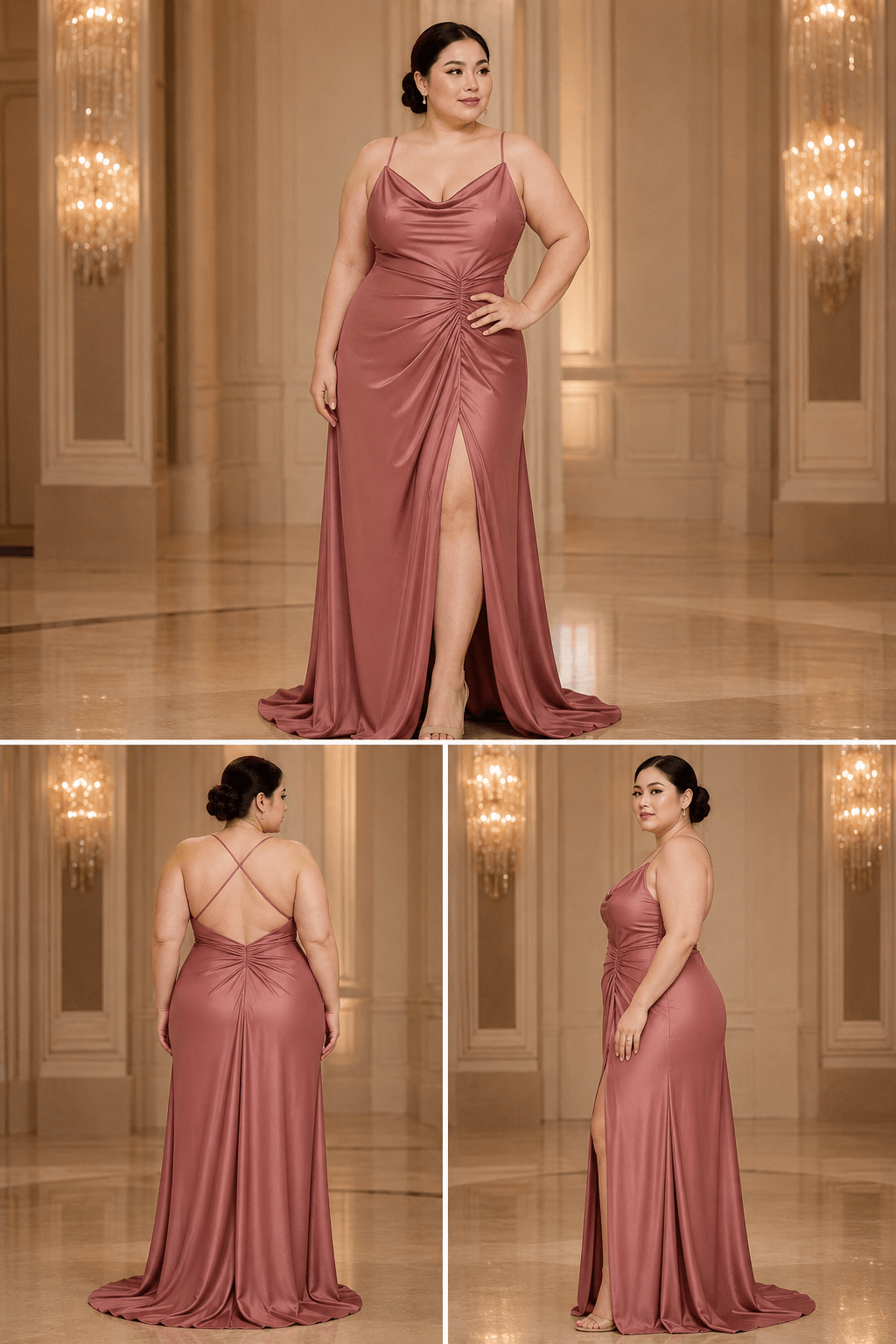 Ruched Rose Satin Gown for a Soft Evening Wedding