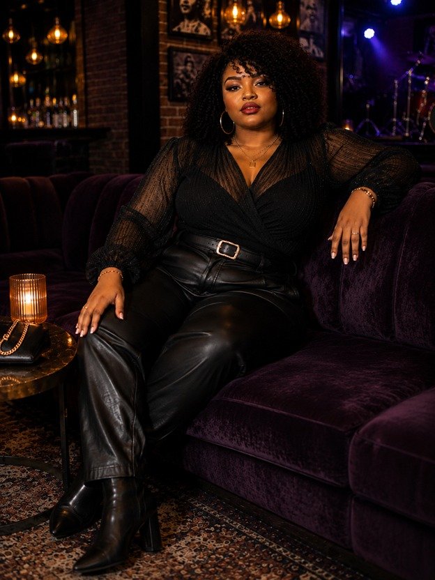Sheer Black Blouse with Leather Pants