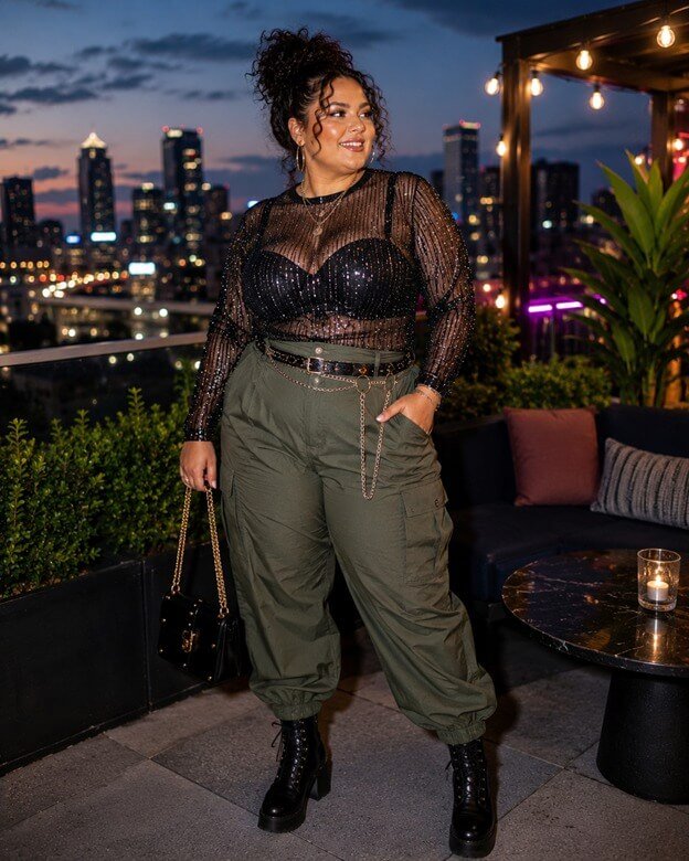  Sheer Black Top with Olive Cargo Pants