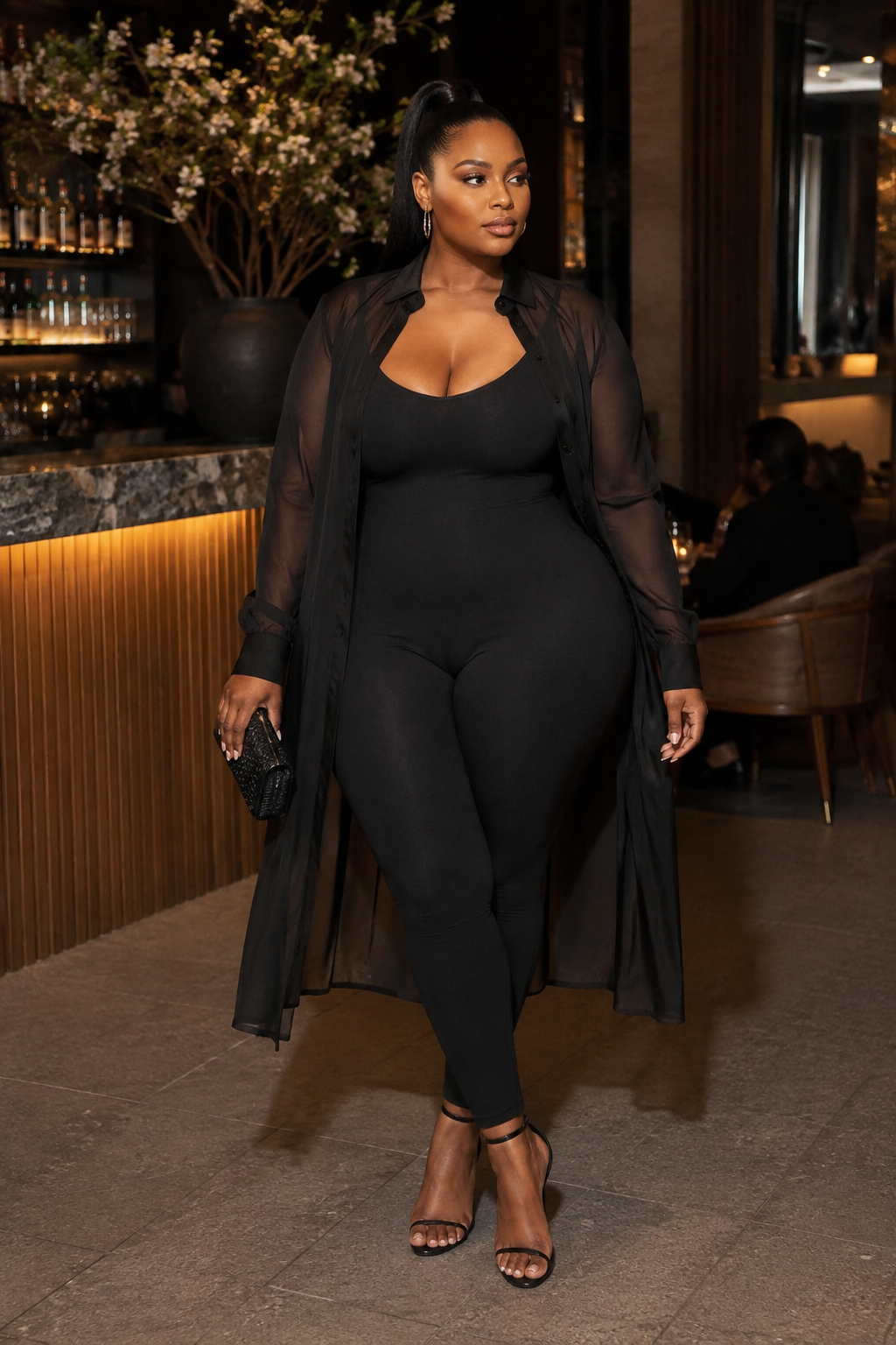 Sheer Longline Shirt Over a Fitted Jumpsuit