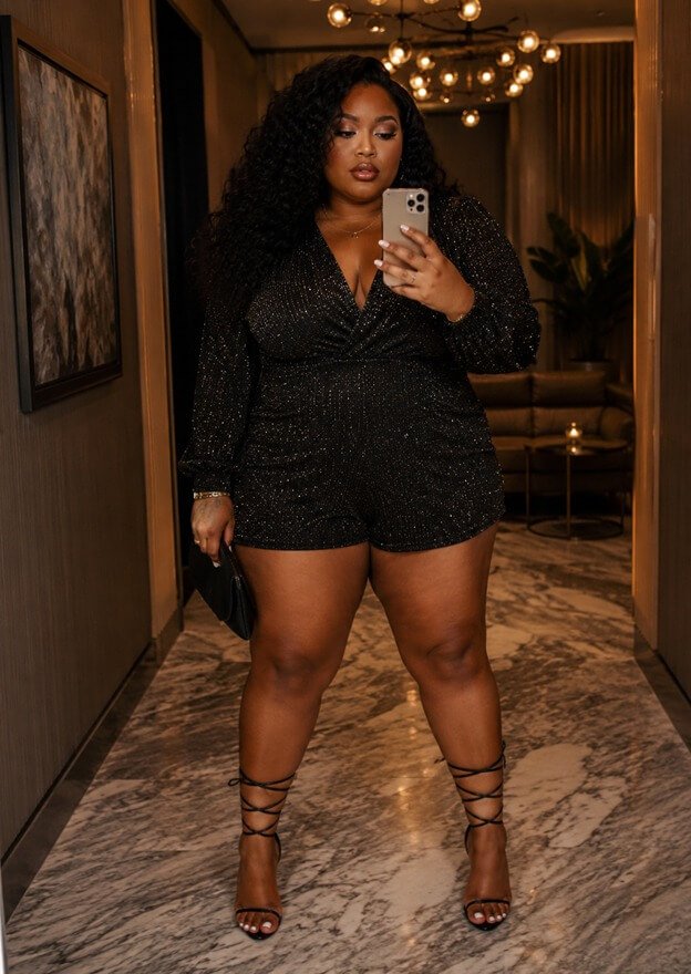  Sparkly Black Romper with Strappy Heels