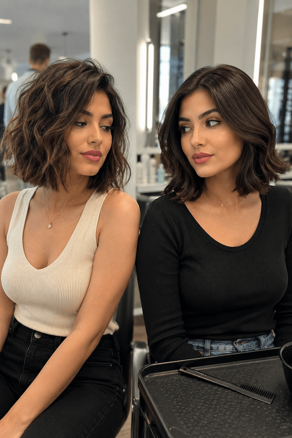 Side-by-side textured wavy bob and smooth wavy bob hairstyles