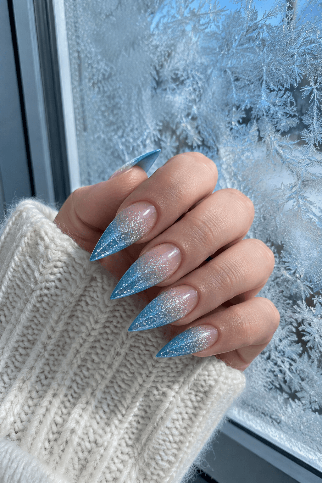  V-Shape Nails in Icy Blue Glitter Ombre