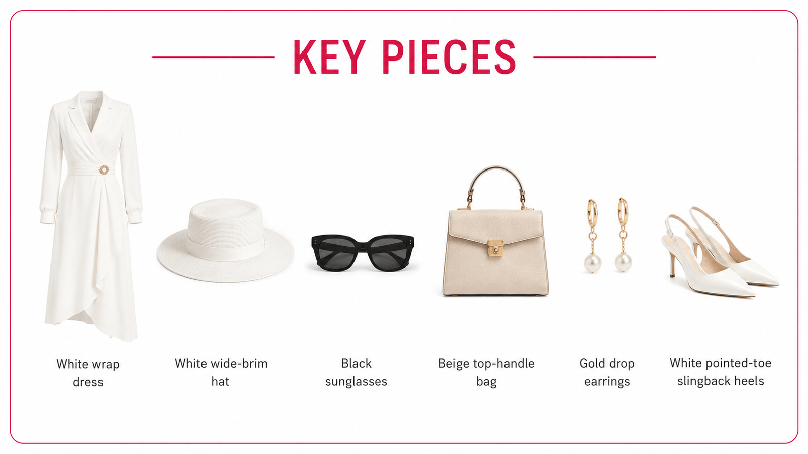 White Wrap Dress with Wide-Brim Hat key pieces