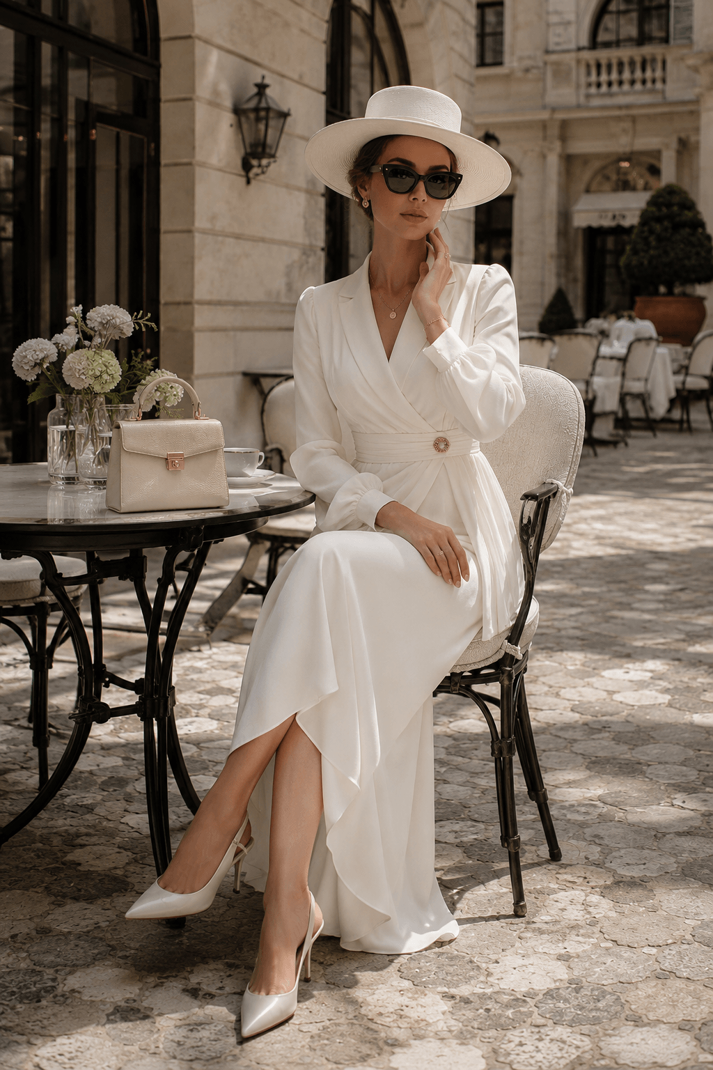 White Wrap Dress with Wide-Brim Hat