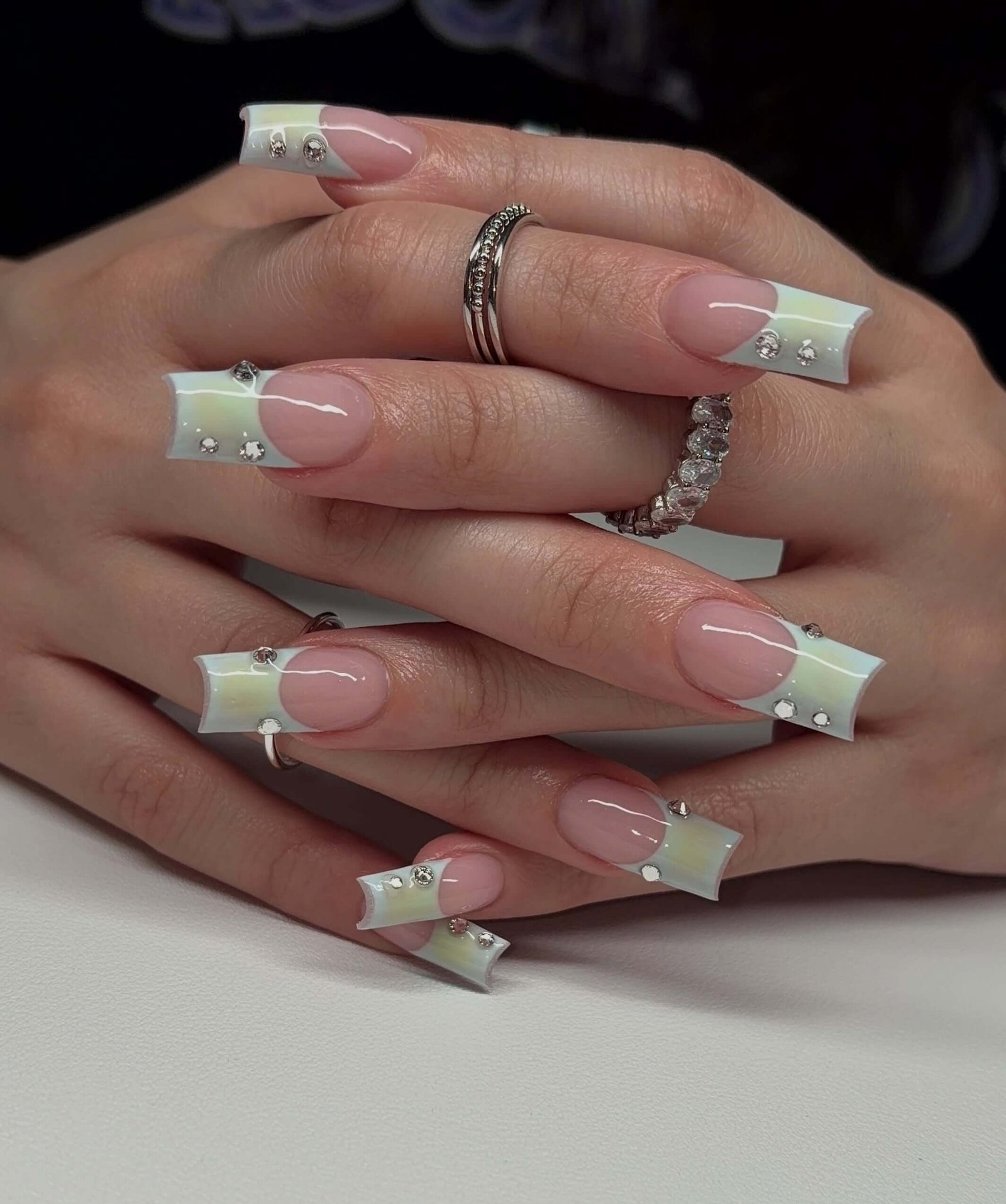 areyessnailss French Tip Nails with a Flared Square Tip and Rhinestones French Tip Nails with a Flared Square Tip and Rhinestones