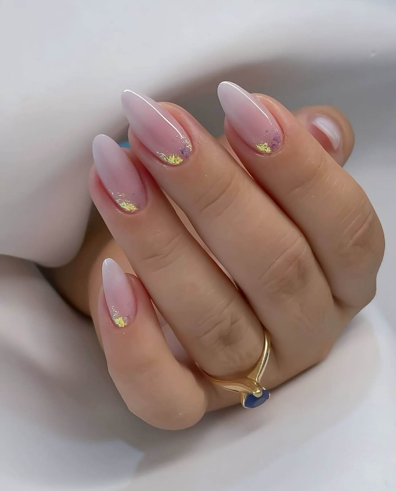 Almond Shape Nails with Gold Flakes and Sheer Pink 